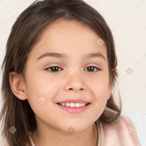 Joyful white child female with long  brown hair and brown eyes