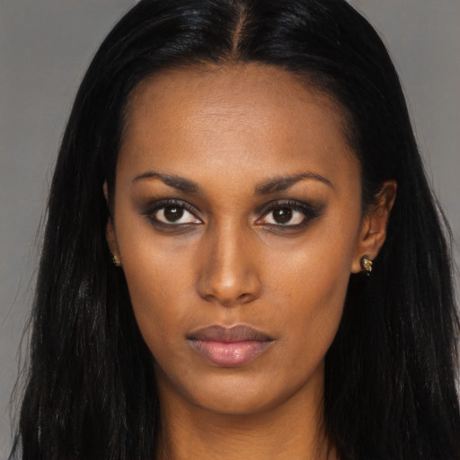 Neutral asian young-adult female with long  black hair and brown eyes