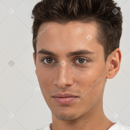 Neutral white young-adult male with short  brown hair and brown eyes