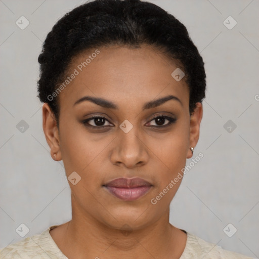 Joyful latino young-adult female with short  black hair and brown eyes