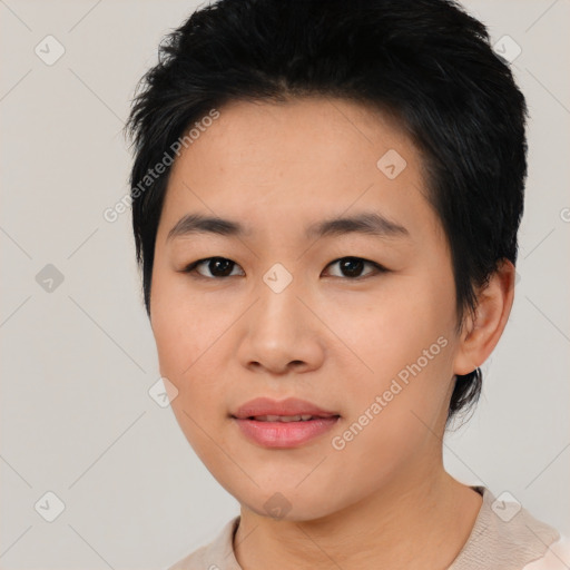 Neutral asian young-adult female with medium  black hair and brown eyes