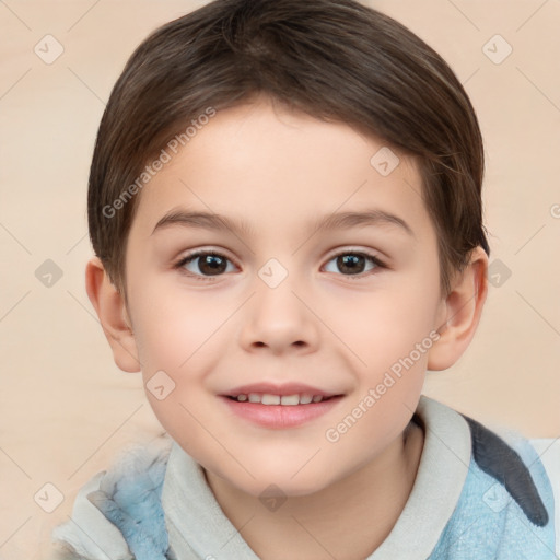 Joyful white child female with short  brown hair and brown eyes