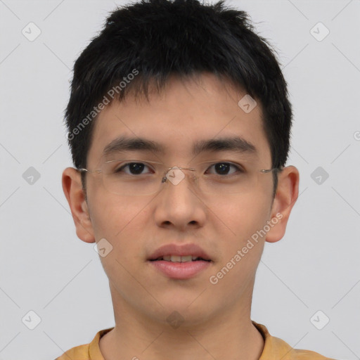 Neutral asian young-adult male with short  brown hair and brown eyes