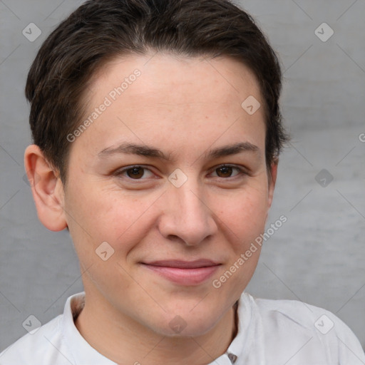 Joyful white young-adult female with short  brown hair and brown eyes