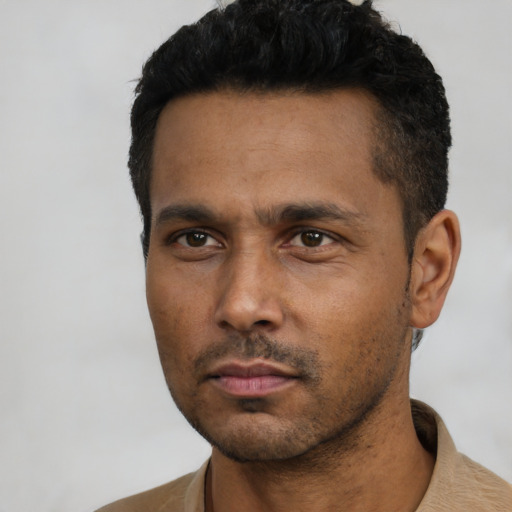 Neutral latino young-adult male with short  black hair and brown eyes