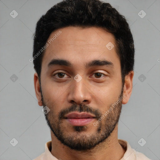 Neutral latino young-adult male with short  black hair and brown eyes