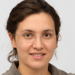 Joyful white adult female with medium  brown hair and grey eyes