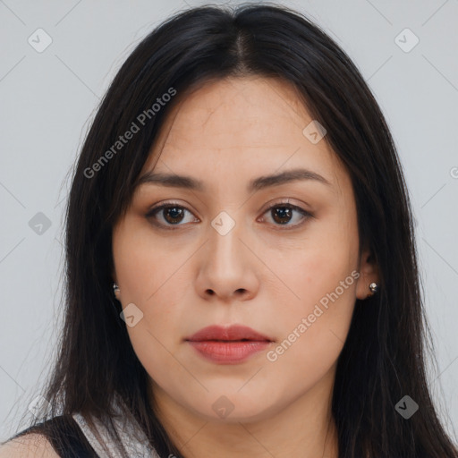 Neutral asian young-adult female with long  brown hair and brown eyes