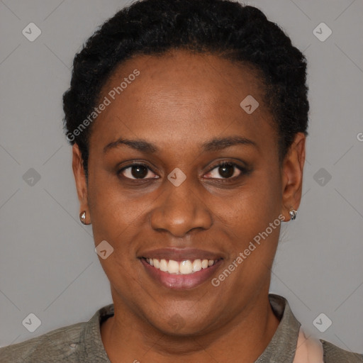 Joyful black young-adult female with short  black hair and brown eyes