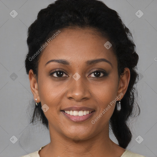 Joyful black young-adult female with medium  black hair and brown eyes