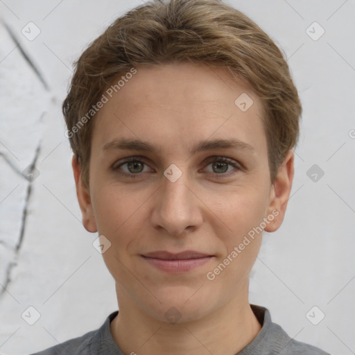 Joyful white young-adult female with short  brown hair and grey eyes