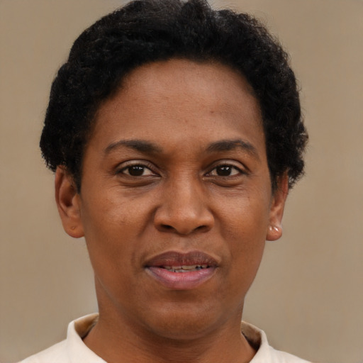 Joyful black adult female with short  brown hair and brown eyes
