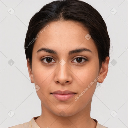 Neutral white young-adult female with short  brown hair and brown eyes