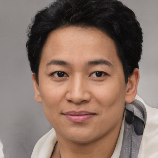 Joyful latino adult male with short  black hair and brown eyes