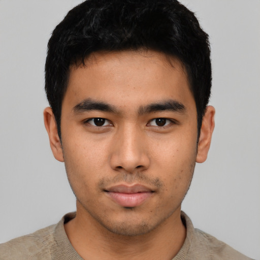 Neutral asian young-adult male with short  black hair and brown eyes