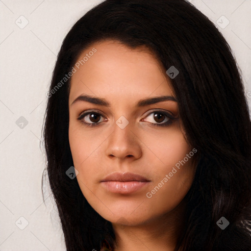 Neutral latino young-adult female with long  black hair and brown eyes