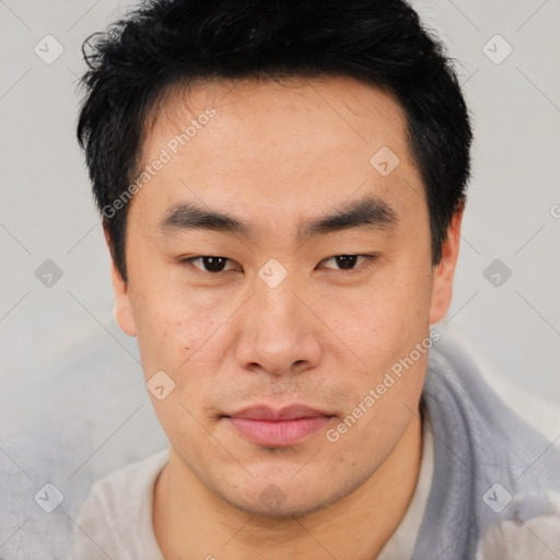 Joyful asian young-adult male with short  black hair and brown eyes