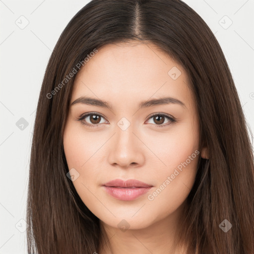 Neutral white young-adult female with long  brown hair and brown eyes