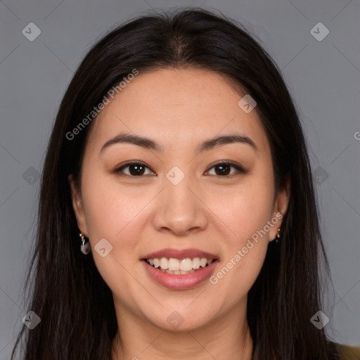 Joyful white young-adult female with long  brown hair and brown eyes