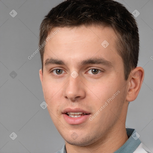 Neutral white young-adult male with short  brown hair and brown eyes