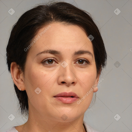 Joyful white adult female with medium  brown hair and brown eyes