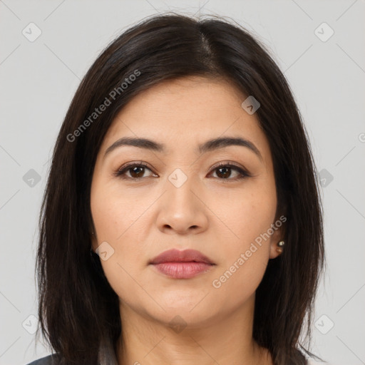 Joyful asian young-adult female with medium  brown hair and brown eyes