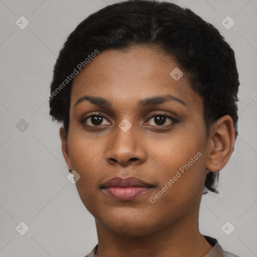 Neutral black young-adult female with short  black hair and brown eyes