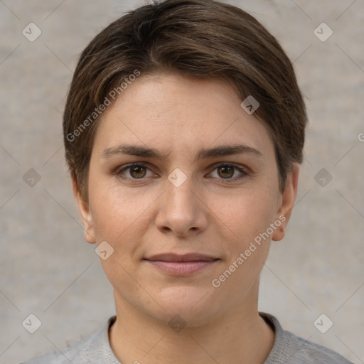 Joyful white young-adult female with short  brown hair and brown eyes