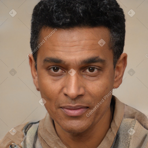 Joyful latino adult male with short  black hair and brown eyes