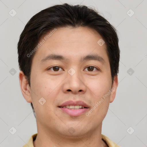 Joyful white young-adult male with short  brown hair and brown eyes