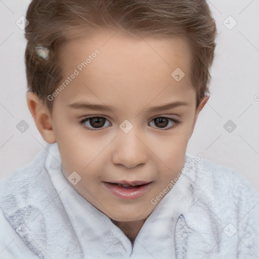 Joyful white child female with short  brown hair and brown eyes