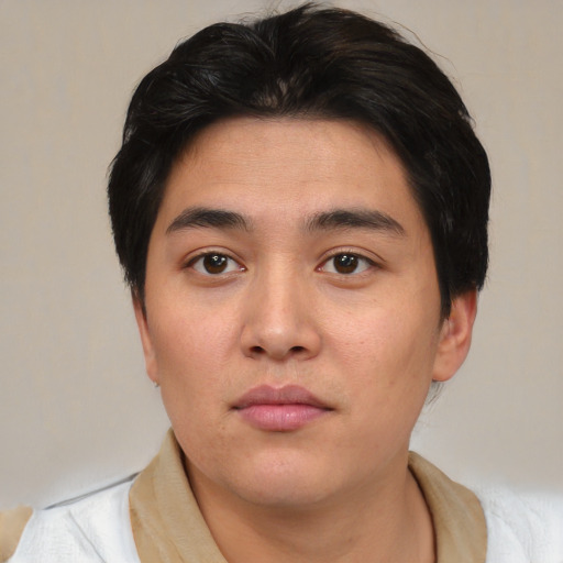 Neutral asian young-adult male with short  brown hair and brown eyes