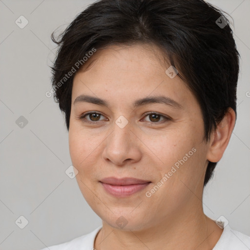 Joyful white young-adult female with medium  brown hair and brown eyes