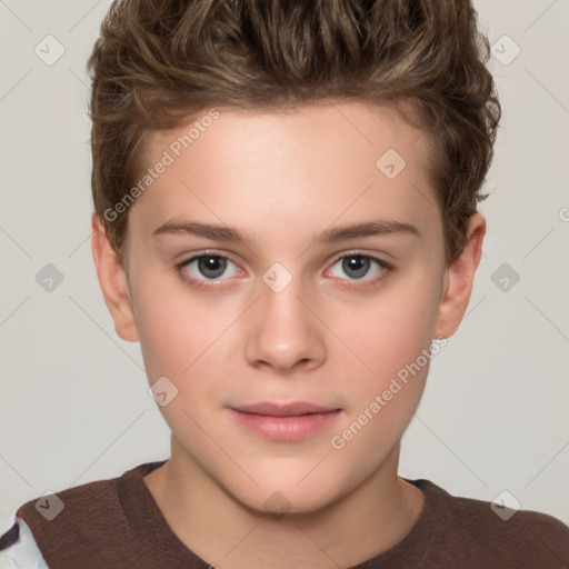 Joyful white child female with short  brown hair and brown eyes