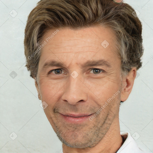 Joyful white middle-aged male with short  brown hair and brown eyes