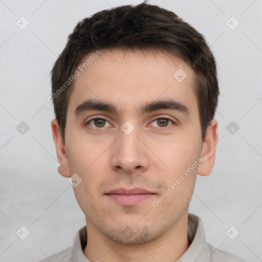 Neutral white young-adult male with short  brown hair and brown eyes