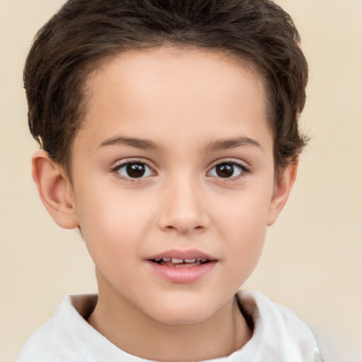 Joyful white child female with short  brown hair and brown eyes