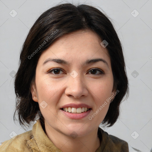 Joyful white young-adult female with medium  brown hair and brown eyes