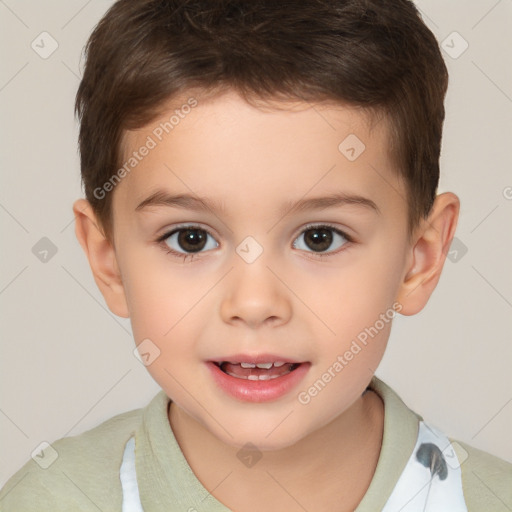 Joyful white child male with short  brown hair and brown eyes