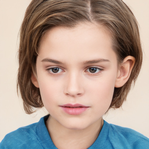 Neutral white child female with medium  brown hair and grey eyes