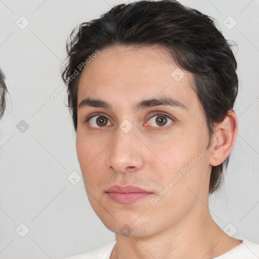 Neutral white young-adult male with short  brown hair and brown eyes