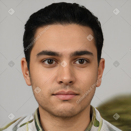 Neutral latino young-adult male with short  brown hair and brown eyes