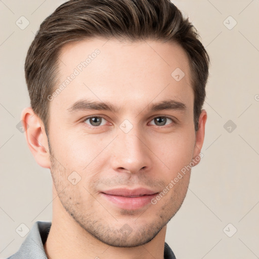 Neutral white young-adult male with short  brown hair and brown eyes