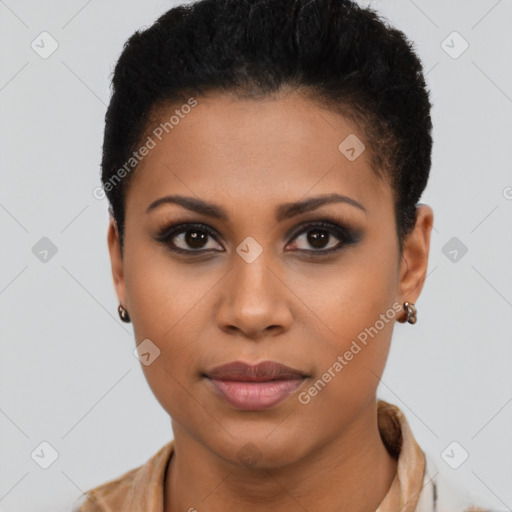 Joyful latino young-adult female with short  brown hair and brown eyes