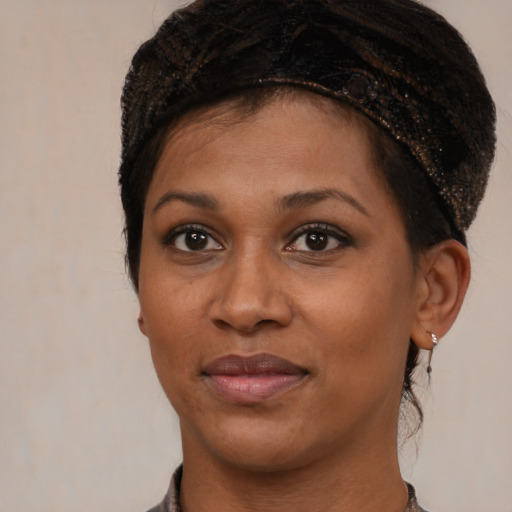 Joyful black young-adult female with short  black hair and brown eyes