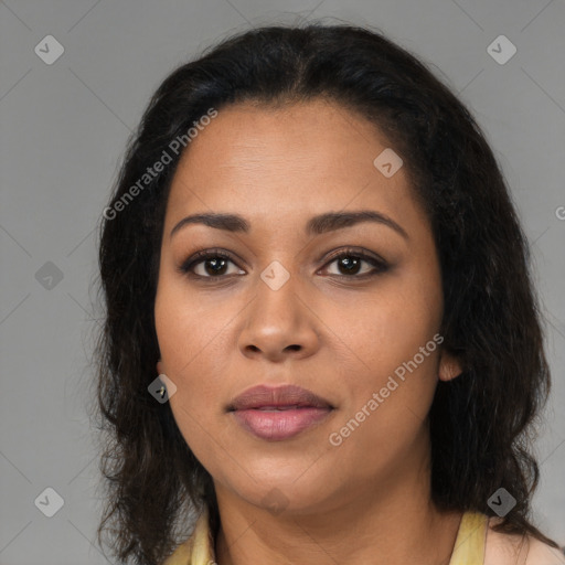 Neutral latino young-adult female with medium  brown hair and brown eyes