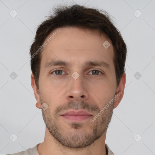 Neutral white young-adult male with short  brown hair and brown eyes