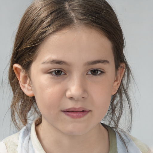 Joyful white child female with medium  brown hair and brown eyes