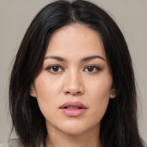 Neutral asian young-adult female with long  brown hair and brown eyes
