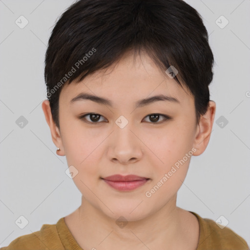 Joyful asian young-adult female with short  brown hair and brown eyes